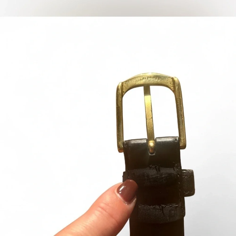 Black Genuine Leather Belt Solid Brass Buckle Size 38 Vintage